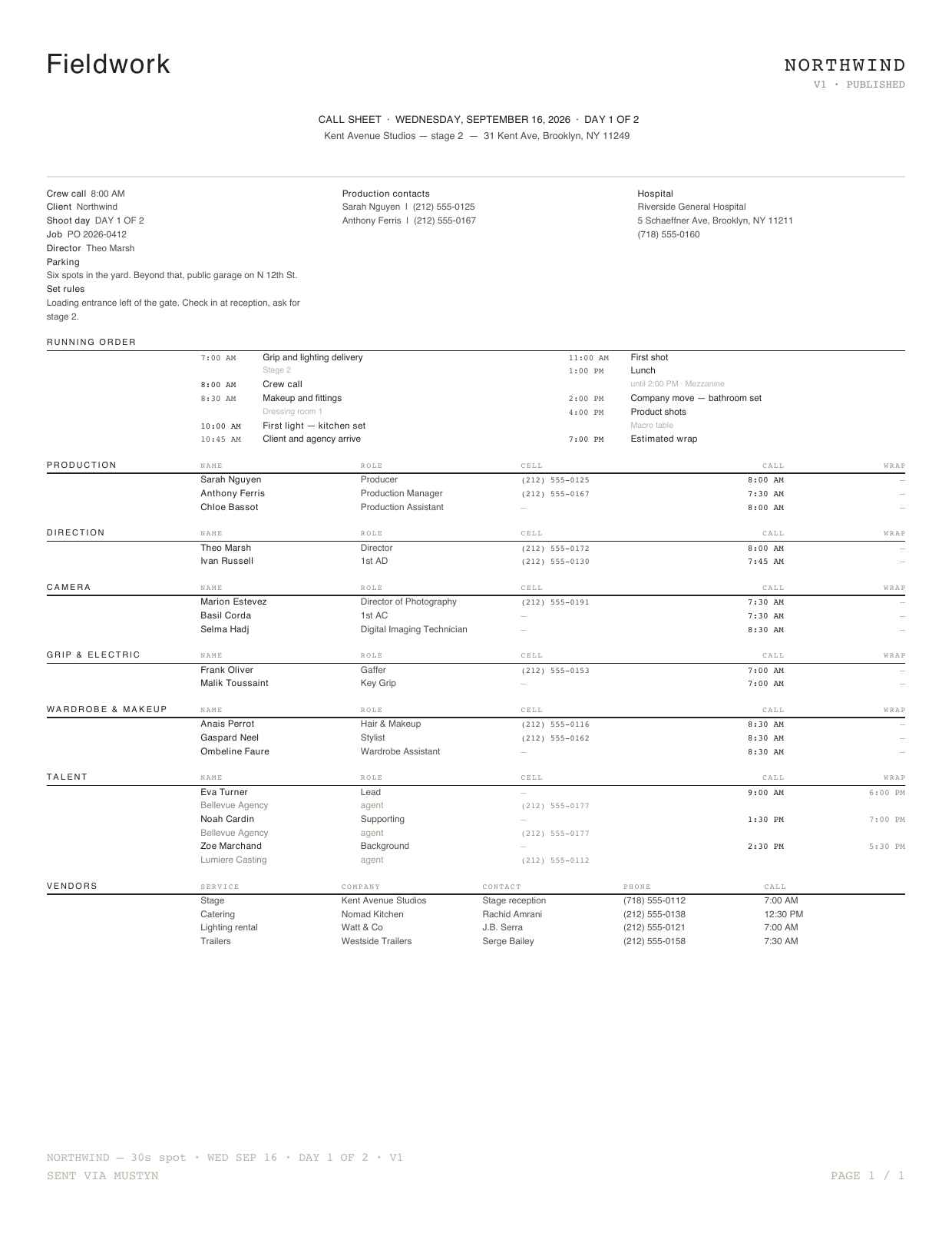 Commercial call sheet template