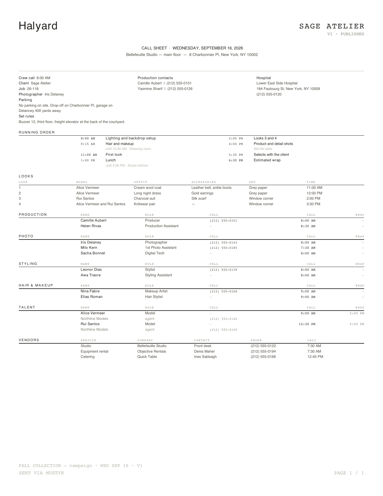 Photo shoot call sheet template