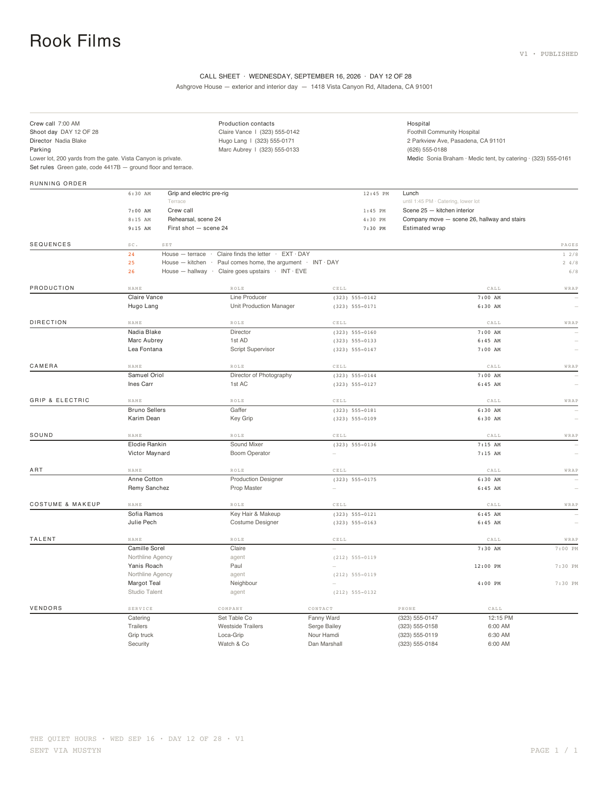 Scripted call sheet template